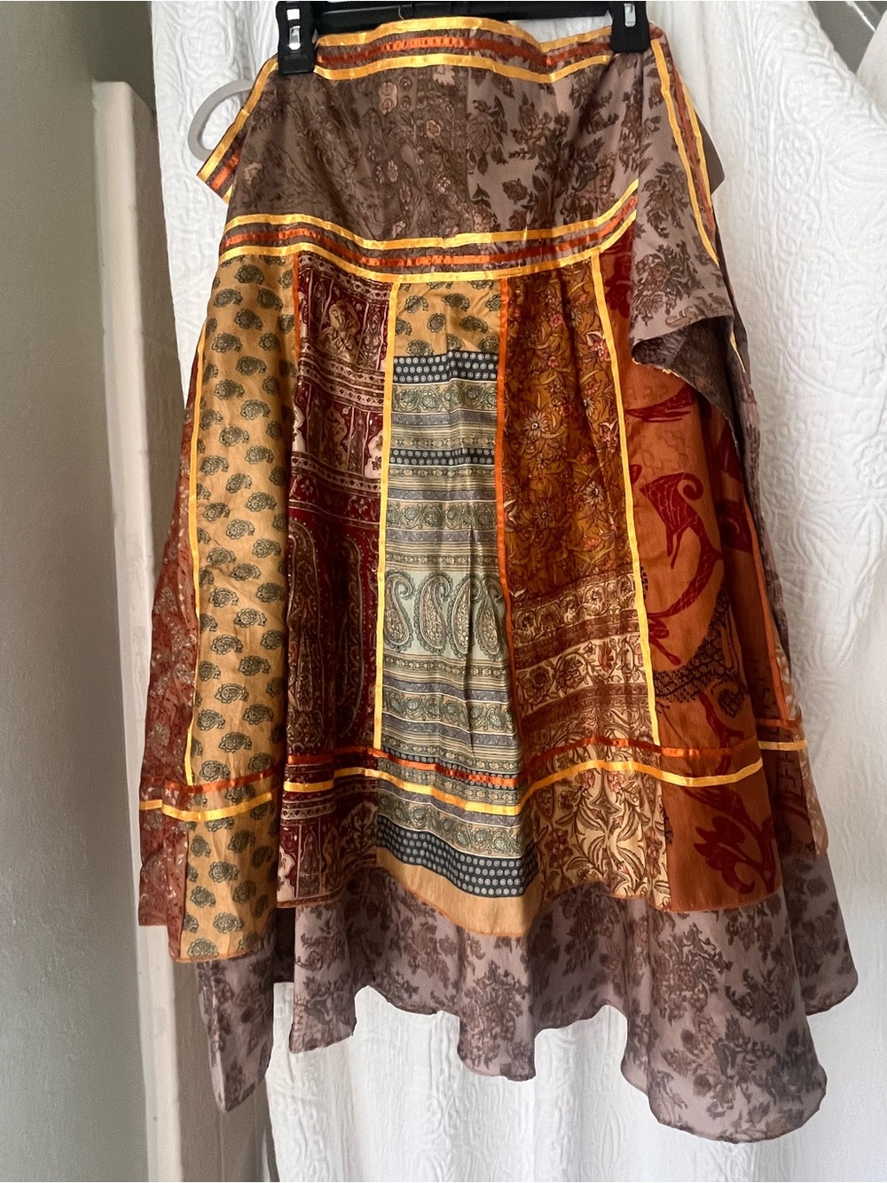 Silk Bohemian Patchwork Midi Wrap Skirt in Brown & Gold